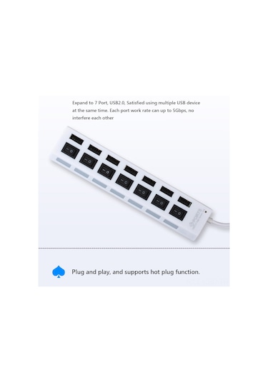 Samdoo Beyaz 7 Portlu Usb 2.0 Hub - Bağımsız Anahtar Ve Gösterge Işığı, 480mbps Hızlı Veri Transferi, Çok Cihaz Desteği