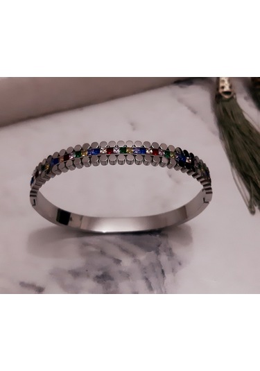 Giftworld Çelik Silver Taşlı Kelepçe Bileklik
