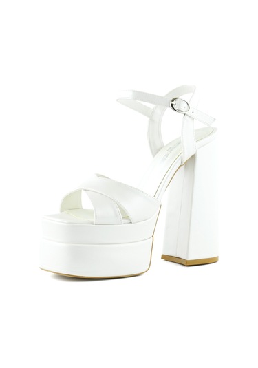 Erkan Saçmacı Whitney İnci Beyaz Sedef Önü Arkası Açık Çift Platformlu Bantlı Abiye Gelin Ayakkabısı