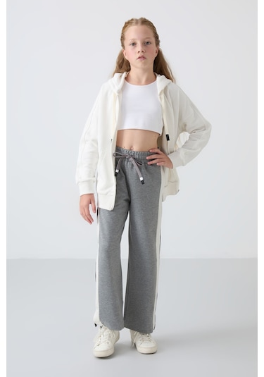 Tommy Life Gri Melanj Yırtmaç Detaylı Cepli Geniş Paça Kız Çocuk Eşofman Alt - 75141 Gri Melanj
