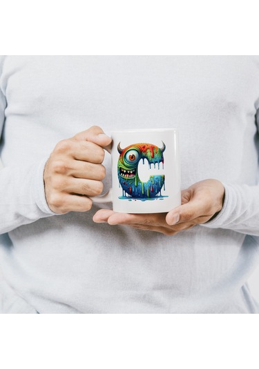 C Harfi Bardak, Sevimli Canavarlar Harflı Bardak Hediyesi Porselen Beyaz