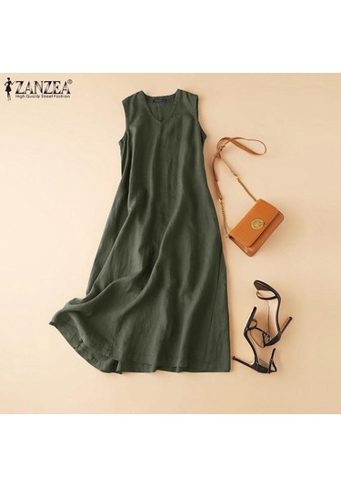 Zanzea Pamuk Elbise Kadın Yaz V Yaka Kolsuz Tank Elbise Haki