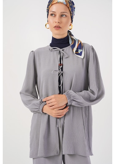 Kadın Önü Bağcıklı Tunik Pantolon İkili Takım 6744 - Gri Gri