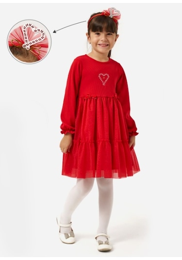 Kız Çocuk Fitilli Fiyonklu Yılbaşı Elbisesi Nbk-24920 Kırmızı