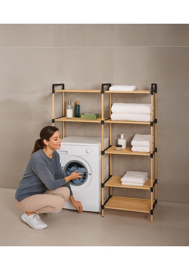 Nc02 Ahşap Çamaşır Makinesi Organizer Banyo Düzenleyici Raf Masif Çam Ahşap Açık Ahşap