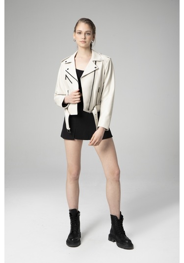 Bej Dericlub Wm021 Gerçek Deri Biker Kadın Deri Mont