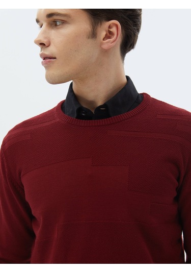 Kırmızı Bisiklet Yaka Jakarlı Yün Karışımlı Triko Kazak Kırmızı