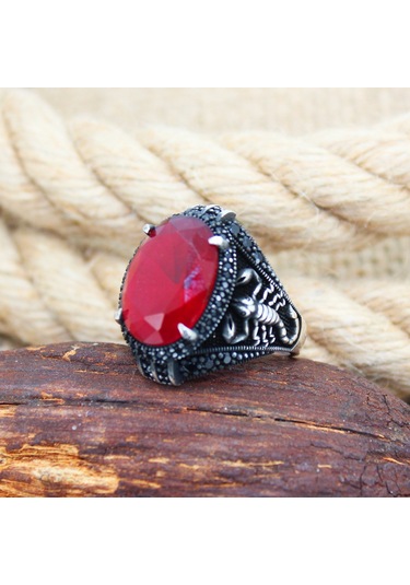 Akrep Tasarım Kırmızı Taşlı 925 Ayar Gümüş Erkek Yüzük Gümüş