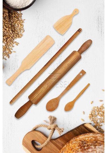 Zambak Serisi Ahşap Hamur Açma Oklavası Merdanesi Kaşık Seti 6 Lı