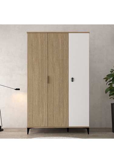 6304 Neva 3 Kapılı 200 Cm Gizli Çekmeceli Gardırop , Elbise Dolabı , Genç Odası Yunus - Beyaz