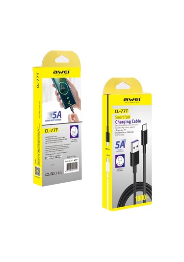 Awei Cl-77t 5a Usb Usb-c / Tip-c Arayüzü Akıllı Hızlı Şarj Tpe Veri Kablosu, Kablo Uzunluğu: 1m Beyaz