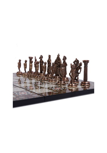 5 No. İngiliz Antik Bakır Satranç Taşları Ve Katlanır Sedef Desen