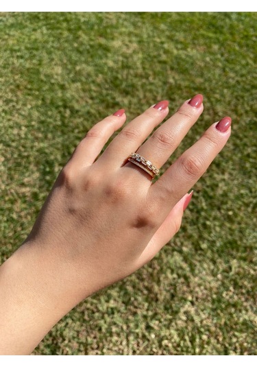 İki Sıra Taşlı Gold Kadın Zarif Yüzük Sevgiliye Hediye Altın