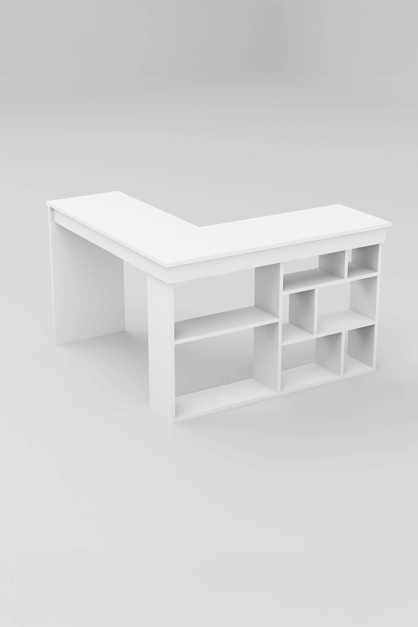 Corn Köşe Çalışma Masası Raflı Bilgisayar, Ofis Masası Beyaz Beyaz