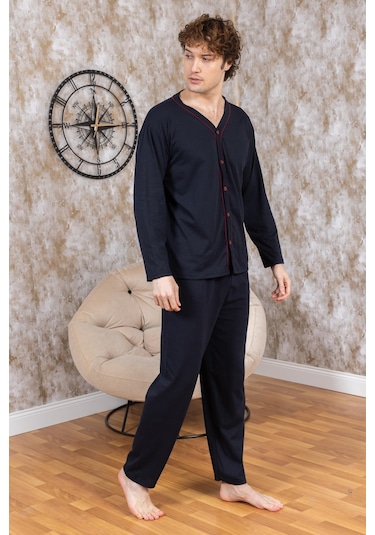 Erkek Boydan Düğmeli Yüksel Kalite Pamuk Pijama Takımı 16511 Lacivert