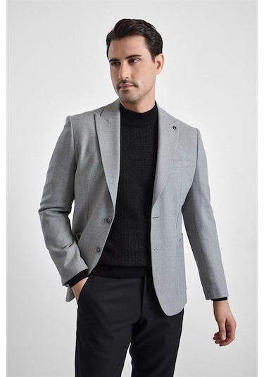 Süvari Gri Slim Mono Yaka Torba Cep 6 Drop Klasik Ceket Ct2021600416-s05