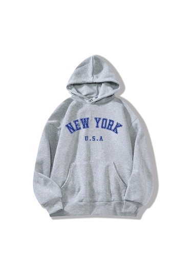 Clayes New York Usa Sweatshirt - Gri Baskılı Oversize Kapüşonlu Gri