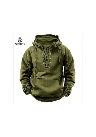 İlkbahar Ve Sonbahar Erkek Kapüşonlu Düz Renk Sweatshirt Spor Çok Cepli Sweatshirt Yeşil