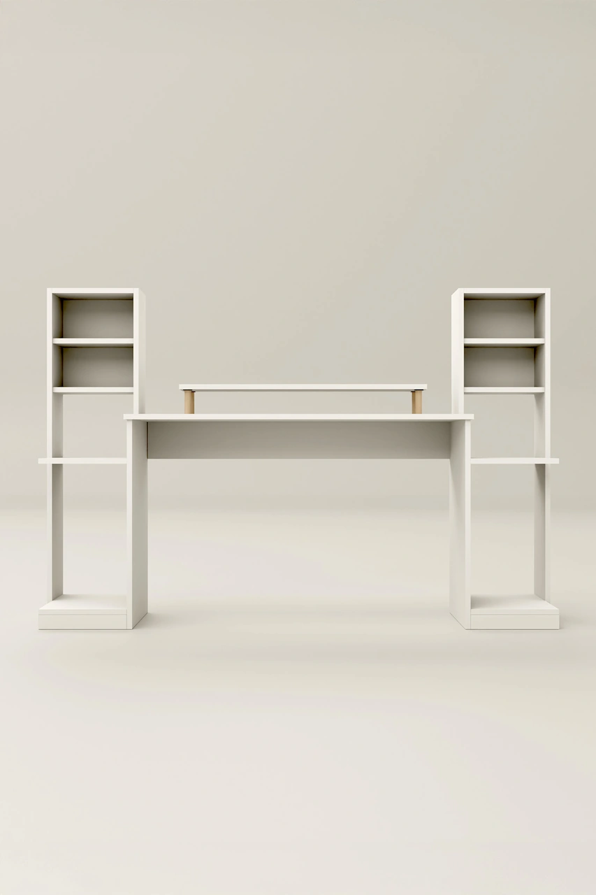 Throne Dolaplı, Kitaplıklı, Raflı Çalışma Masası, Bilgisayar Masası, Çocuk Çalışma Masası Beyaz Beyaz