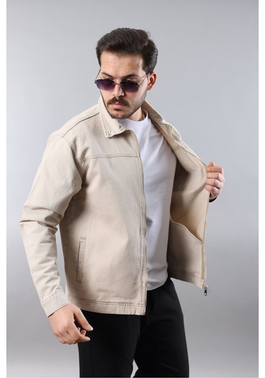 Erkek Regular Fit Bej Spor Model Fermuarlı Kot Ceket Bej