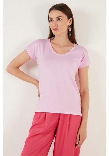 Lela V Yaka Rahat Kesim Yırtmaçlı Bayan Bluz 5862000 Toz Pembe