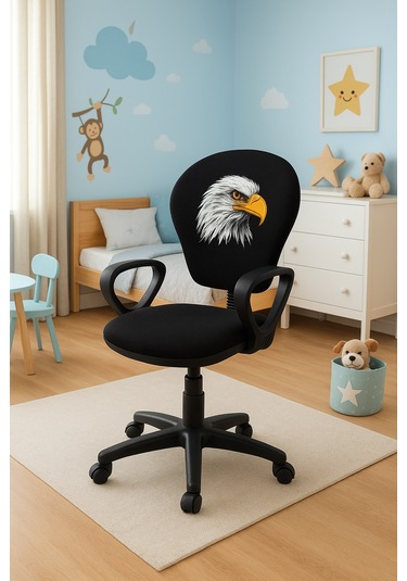 Kara Kartal Desenli Taraftar Baskılı Çocuk Odası Ders Çalışma Ofis Koltuğu Bilgisayar Sandalyesi Siyah - Beyaz