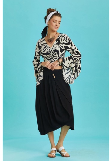 Rahat Kesim Geniş Pileli Siyah Anvelop Midi Etek Siyah