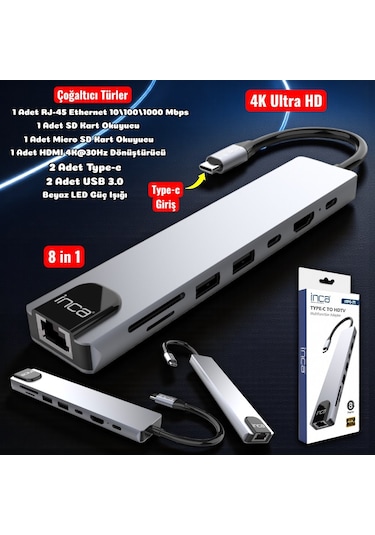 Technow 8 İn1 4k Ultra Hd Type C Usb 3.0 Hub Hdmı Rj45 Sdtf Adaptör Çoklayıcı