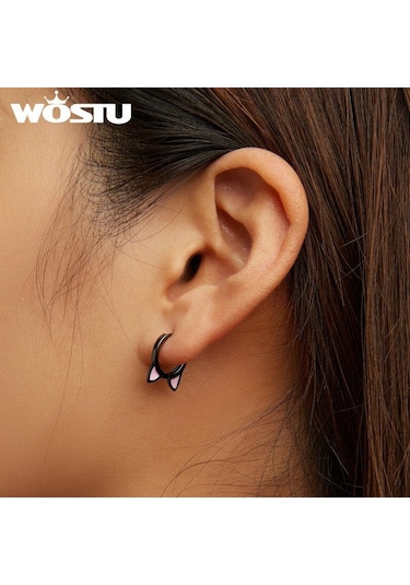 Wostu Gerçek 925 Ayar Gümüş Kedi Kulak Hoop Küpe Kadınlar Için Güzel Pembe Sevimli Pet Paw Çıtçıt Klipler Kız Benzersiz Takı Hediye A