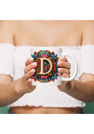 D Harfi Boho Bardak, Renkli Özel Tasarım Hediyelik Harfli Kupa, 330ml Porselen Beyaz