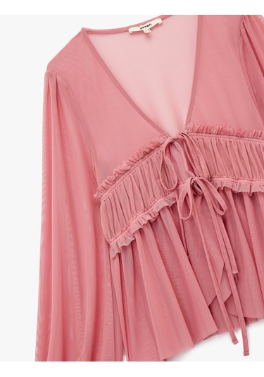 Koton Uzun Kollu Bağlamalı Fiyonk Detaylı Yarı Transparan V Yaka Fırfırlı Bluz Pembe 6wak80130ek Gül