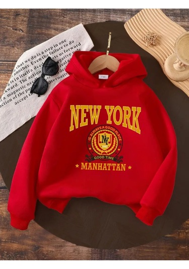 Kışlık Kapüşonlu Sweatshirt, Çocuk New York Manhattan Baskılı Kırmızı
