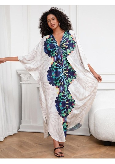 Edolynsa Beyaz Bohem Sabahlık Kaftan Ev Elbisesi Büyük Beden Ev Giyimi Nefes Alabilen Yazlık Hafif Ceket Mayo Üstü Q1289 Çok Renkli