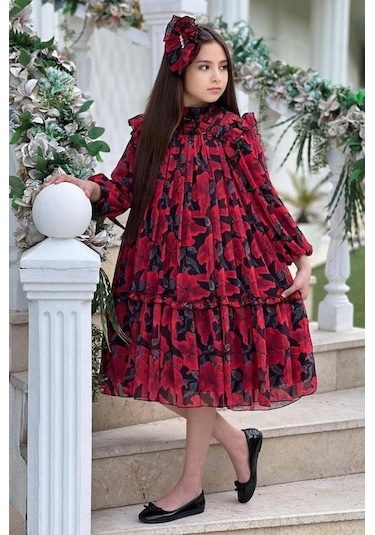 Riccotarz Kız Çocuk Yakası Ve Omuzları Fırfır Detaylı Çiçek İşlemeli Pliseli Kırmızı Elbise Kırmızı