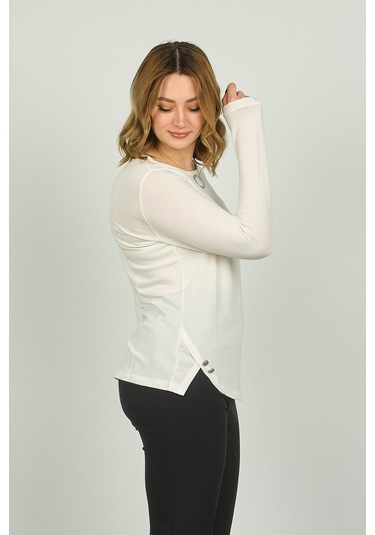 Sistas Kadın Süs Düğmeli Uzun Kol Bluz 23538 Ekru