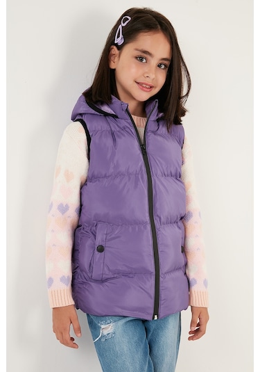 Lela Fermuarlı Kapüşonlu Cepli Şişme Unisex Çocuk Yelek 5761983 Lila