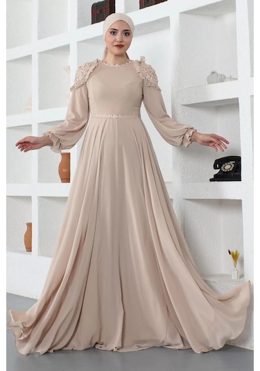 Omuz Detaylı Tesettür Abiye Elbise 727-bej Bej