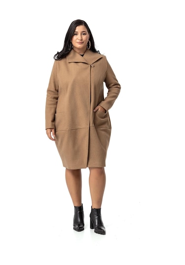 Büyük Beden Torba Cepli Tek Düğmeli Astarlı Vizon Kaşe Kaban-vizon Vizon