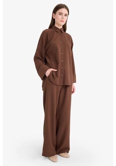 DeFacto Relax Fit 2'li Takım Gofre Dokulu Uzun Kollu Gömlek Pantolon F4094AX25SMBN320