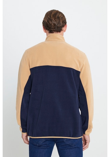 AC&Co / Altınyıldız Classics Erkek Karamel-lacı Standart Fit Dik Yaka İçi Polarlı Çift Renk Polar Sweatshirt Lacivert