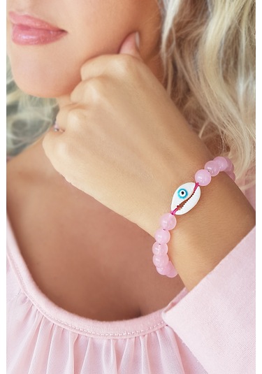 Pembe Kuvars Taşlı Gümüş Nazarlı Bileklik