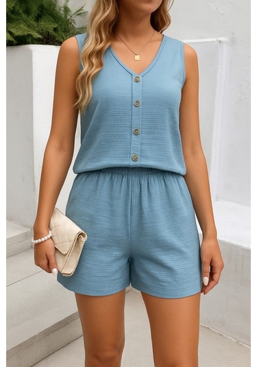 The İstanbul Kadın Askılı Kolsuz V Yakalı Önden Düğmeli Bürümcük Bluz Ve Short Ikili Takım Mavi
