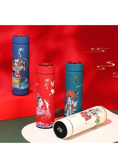 Gökyüzü Kapaklı Çift Katmanlı Ekran Çin Tarzı Kahve Tumbler Su Şişesi Termos Termos Bardak