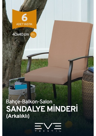 Eve Tekstil Bahçe - Salon - Balkon Arkalıklı Fermuarlı Bağlanabilir Yıkanabilir Sandalye Minderi 6 Adet Açık Kahve