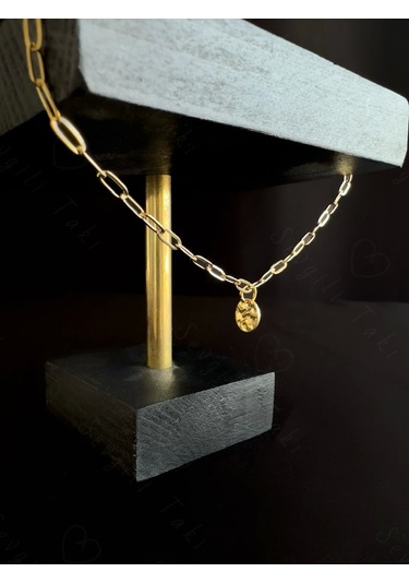 Oval Dövme Figürlü İnce Paperclip Ataş Model Zincir Çelik Halhal Metoo Serisi Gold