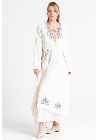 Uzun Kol Şile Bezi Nakışlı Antik Uzun Elbise Krem Krm-krem