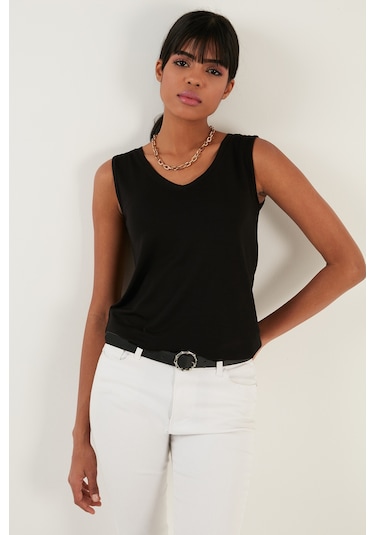 Lela Slim Fit V Yaka Kalın Askılı 2' Li Paket Bayan Bluz 5864384S2 Siyah-Çağla