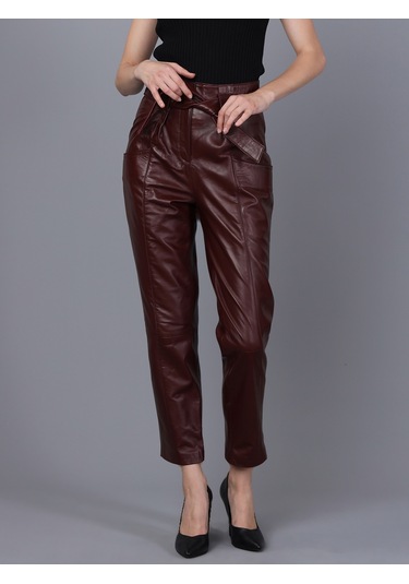 Basics&more Kadın Hakiki Deri Pantolon P01 Mürdüm