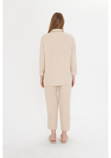 Bej Kadın Keten Gömlek Ve Pantolon Alt Üst Takım Bej