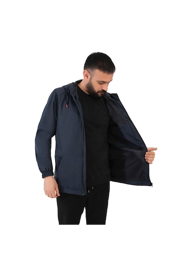 Freemen Erkek Lacivert Astarlı Kanguru Su Ve Rüzgar Geçirmez Kapüşonlu Yağmurluk Lacivert